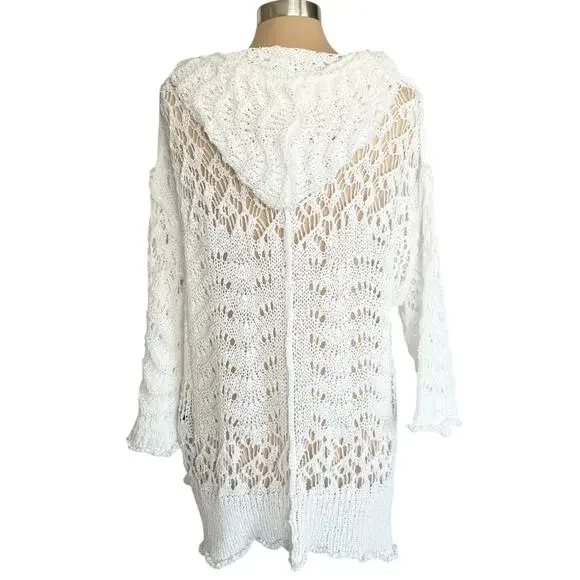 POL White Open Weave Crochet Hooded Sweater Sz LG Beachy Breezy Vacation Cruise - Picture 8 of 12